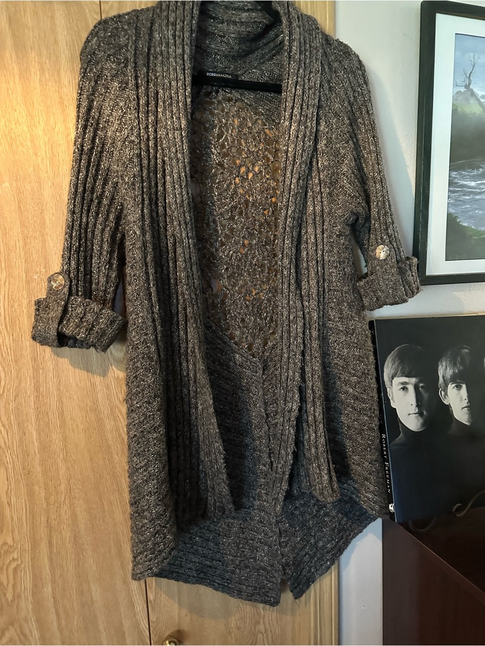 BCBG Maxazria cozy Open-Front Brown/gret Knit Cardigan Sweater